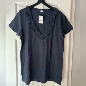NWT J.Crew J Crew Navy Ruffle V-neck Cotton Knit Top Tee T-shirt L